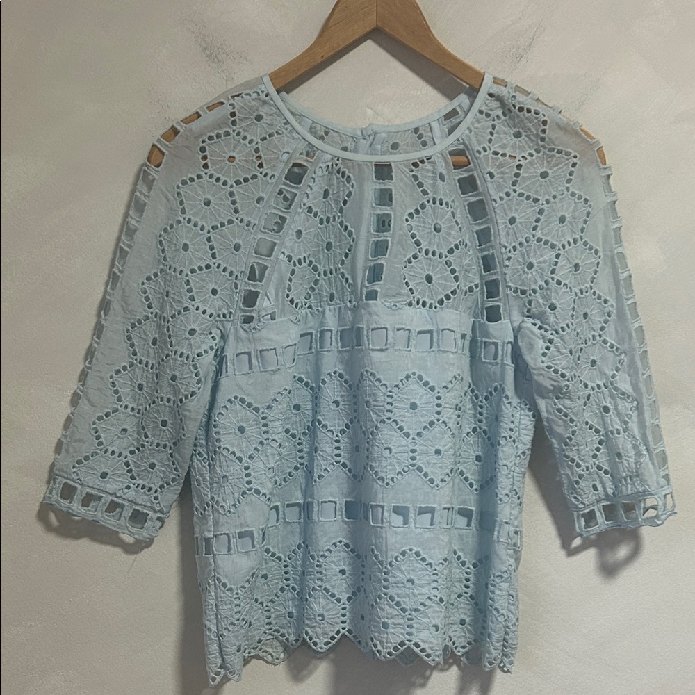 Saylor eyelet lace broderie anglaise blouse baby blue cotton silk top sz large